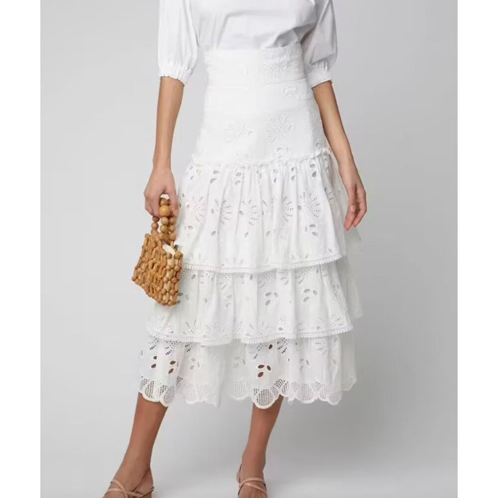 Alexis Faustine Ruffled Broderie Anglaise Cotton Midi Skirt White Medium Tiered